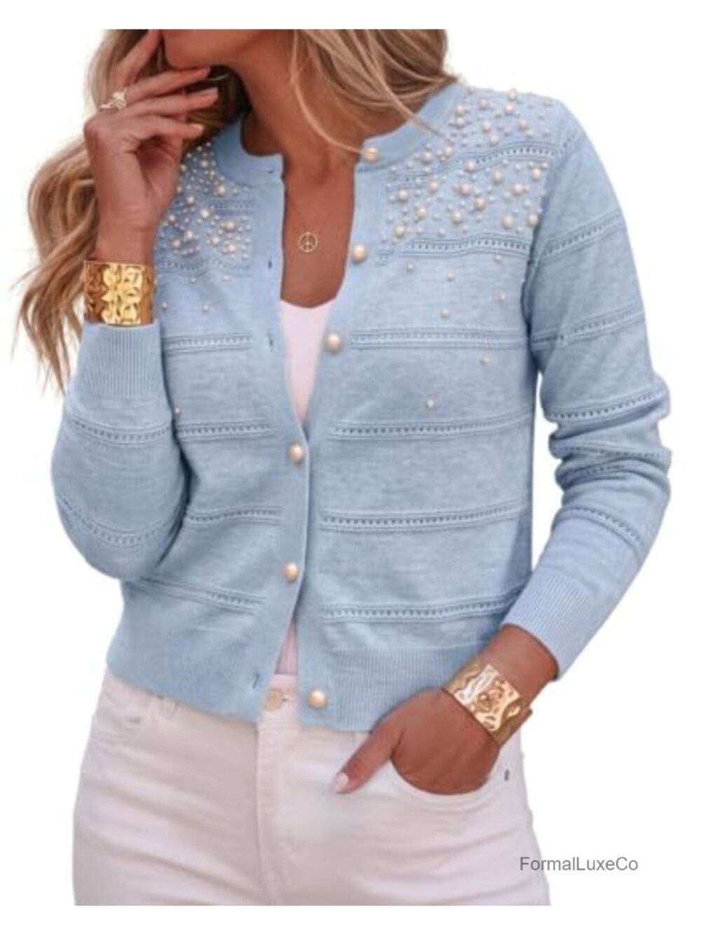 Pearl Beaded Knit Cardigan Long Sleeve Cropped Sweater Button Down